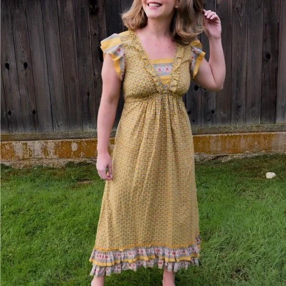 April Cornell Yellow Ruffled Ruched Midi Sundress - Picture 1 of 5